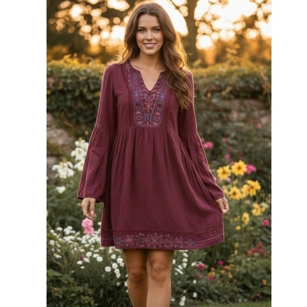 KNOX ROSE Dress Women's XS Embroidered Burgundy Boho Flare Sleeve‎ Tunic Peasant